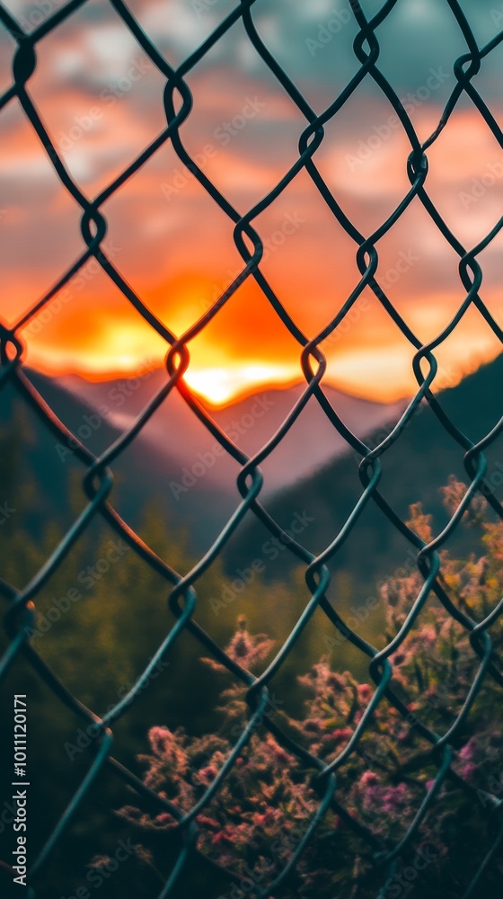 Sunset is setting behind mountain landscape seen through chain link fence Sunset is setting behind mountain landscape seen through chain link fence