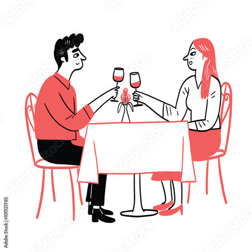 This a couple sitting at a table with a meal in front of them. There's a romantic atmosphere, as indicated by the small hearts above their heads. They are dressed nicely and enjoying dinner together, 