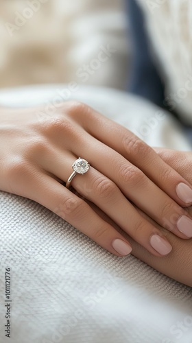 Elegant Close-Up of a Diamond Engagement Ring on a Woman's Hand Resting on a Soft Fabric Surface