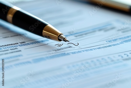 Close-up of a pen signing a document on a blue data sheet, representing agreements and formalities in business settings.