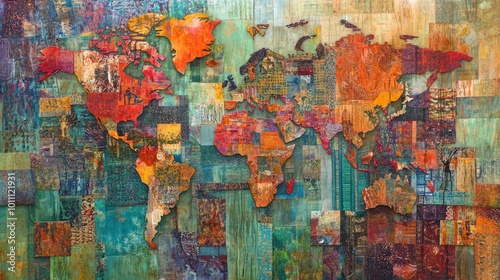A colorful world map artwork made from textured materials, showcasing global diversity.