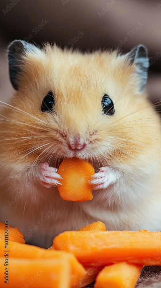 Adorable Golden Hamster Enjoying a Snack of Fresh Carrot Slices in a Cozy Setting