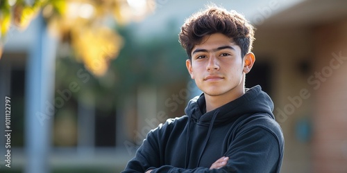 high school student posing in the front yard of his school showcasing his Hispanic identity and academic drive representing youth education and future success photo