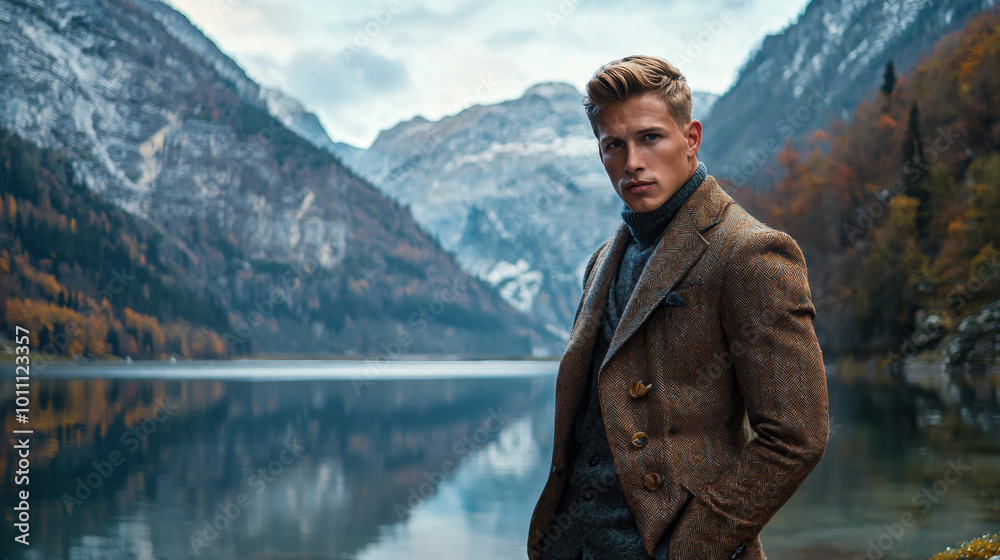 Man in Brown Jacket Looking at the Camera in a Mountainous Lands Man in Brown Jacket Looking at the Camera in a Mountainous Lands