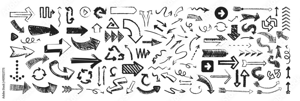 Obraz premium A set of arrows drawn by hand with charcoal or brush. Arrow abstract brush line stroke color vector set. Brush strokes, artistic grunge vector arrows