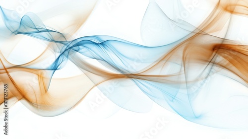 Abstract flowing waves in blue and orange tones on a white background.
