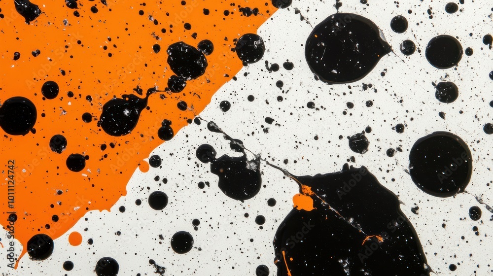 Abstract splatter art featuring orange and black paint on a white background.