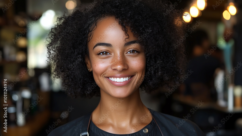 Mixed Race Woman Barber - smiling, portrait, woman, curly hair, coffee shop, bright lights, cheerful, casual, confident, happy, natural beauty, lifestyle, warm lighting, friendly Mixed Race Woman Barber - smiling, portrait, woman, curly hair, coffee shop, bright lights, cheerful, casual, confident, happy, natural beauty, lifestyle, warm lighting, friendly
