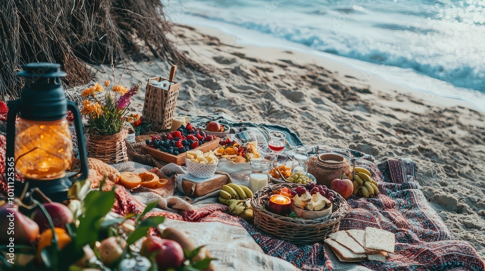 Fototapeta premium A beautiful beach picnic setup with lantern, fruits, snacks, and blankets by the ocean, perfect for a relaxing day outdoors.