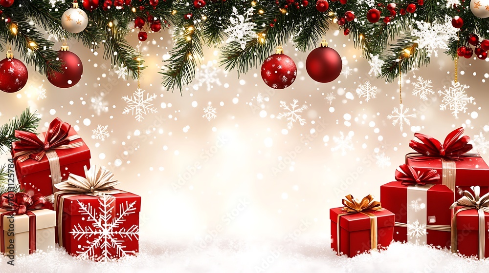 Festive Christmas Background with Red Presents Festive Christmas Background with Red Presents