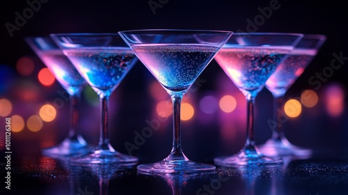 Four martini glasses standing on bar with neon lights in the background