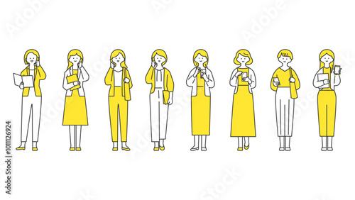 女性の全身アバターイラスト素材セット・ビジネスシーン・スマートフォン
