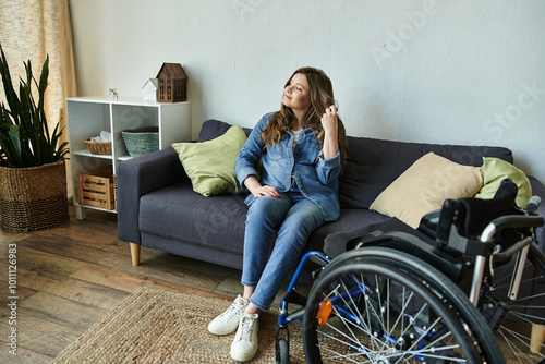 A young woman near wheelchair sits on a couch in a modern apartment, casually dressed in jeans and a denim jacket.