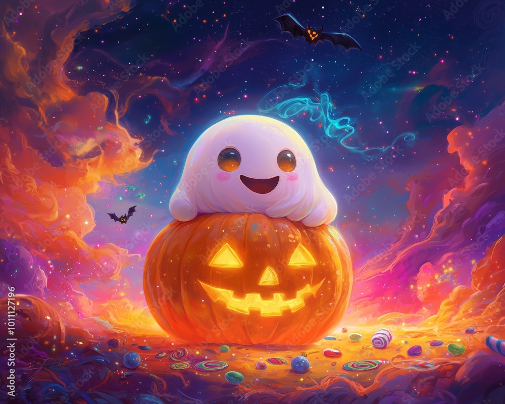 Happy Ghost Popping Out of Pumpkin with Candy Happy Ghost Popping Out of Pumpkin with Candy