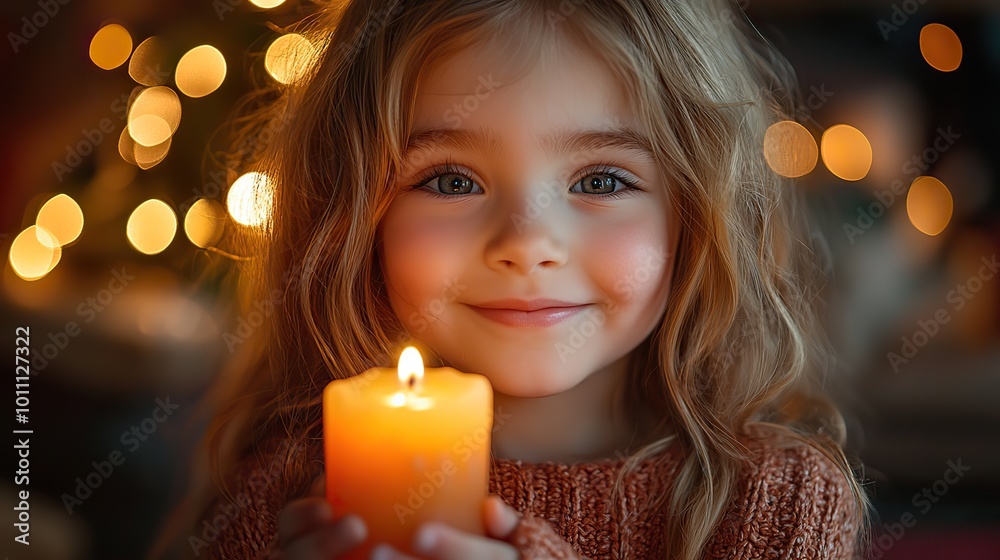 cheerful small girl standing indoors at christmas holding candle cheerful small girl standing indoors at christmas holding candle