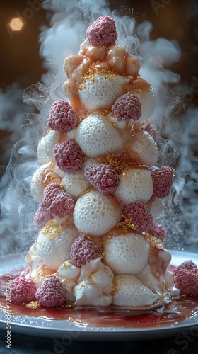 A stunning towering dessert of soft meringue, fresh raspberries, and drizzled caramel with a misty effect created by dry ice photo