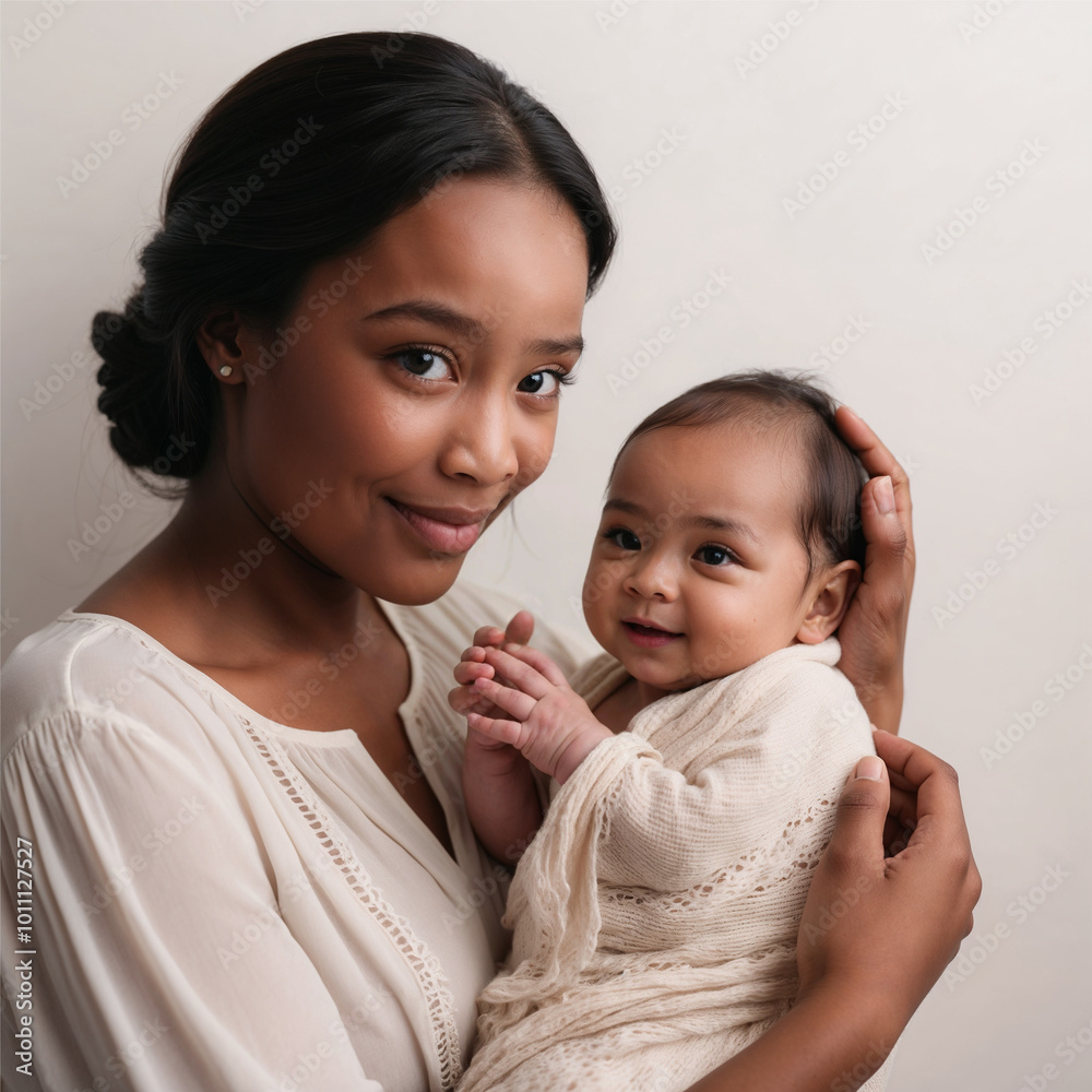 A black mother holds her baby closely, both dressed in soft cream-colored clothing, showcasing a warm and loving bond. Peace, tenderness, serene, intimate, family, parenthood, affection, and care. A black mother holds her baby closely, both dressed in soft cream-colored clothing, showcasing a warm and loving bond. Peace, tenderness, serene, intimate, family, parenthood, affection, and care.