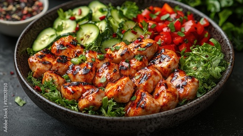 Grilled chicken served in a bowl with fresh vegetables and greens in a vibrant kitchen setting