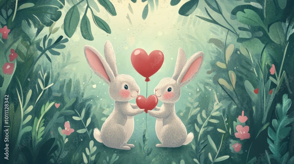 Adorable Cartoon Bunnies Holding Heart Balloons in Enchanting Forest Setting with Lush Greenery and Flowers Adorable Cartoon Bunnies Holding Heart Balloons in Enchanting Forest Setting with Lush Greenery and Flowers