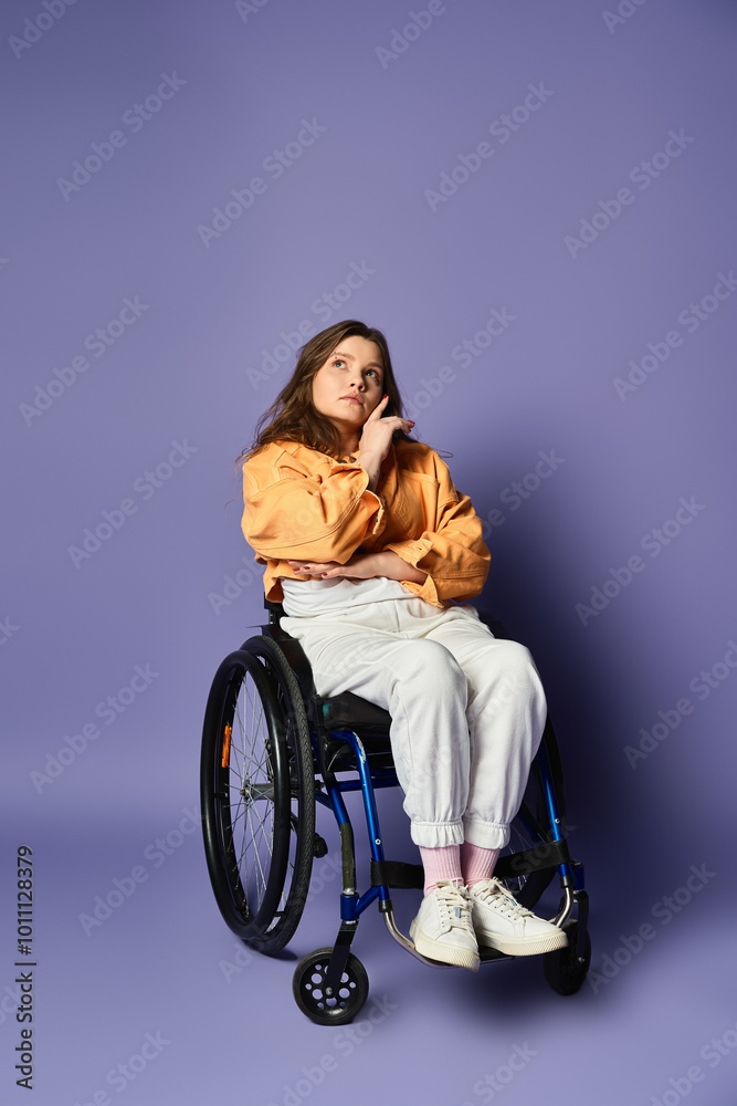A woman in a wheelchair, dressed in a yellow shirt and white pants, contemplates in a purple studio. A woman in a wheelchair, dressed in a yellow shirt and white pants, contemplates in a purple studio.