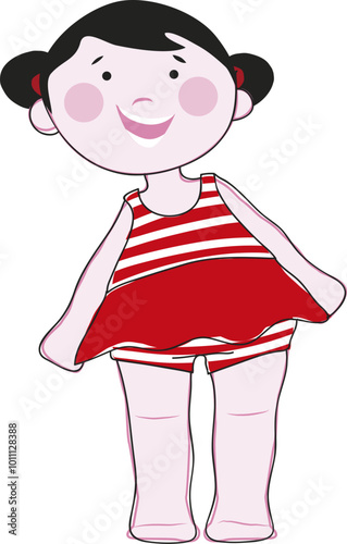 Illustration rétro d'une petite fille brune en maillot rouge et blanc
