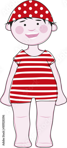 Illustration rétro d'un petit garçon avec un bonnet de bain en maillot rouge et blanc