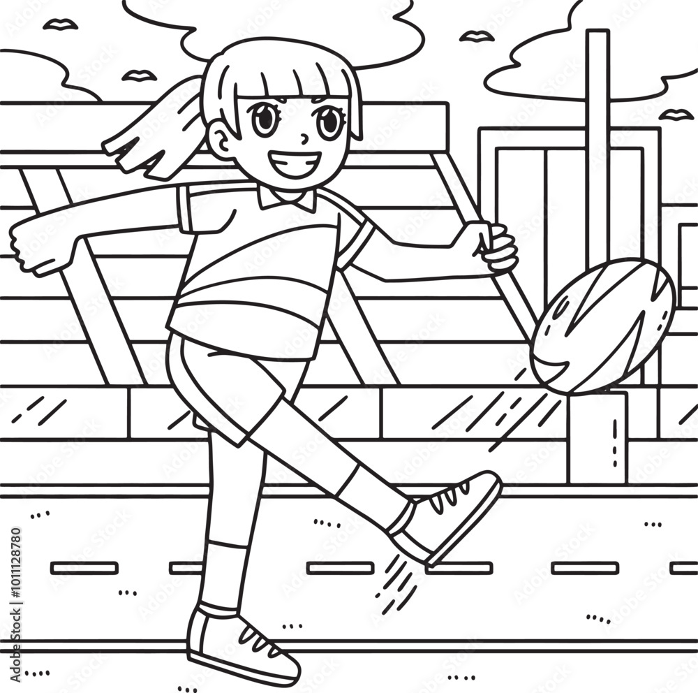 Rugby Female Player Kicking the Ball Coloring Page Rugby Female Player Kicking the Ball Coloring Page