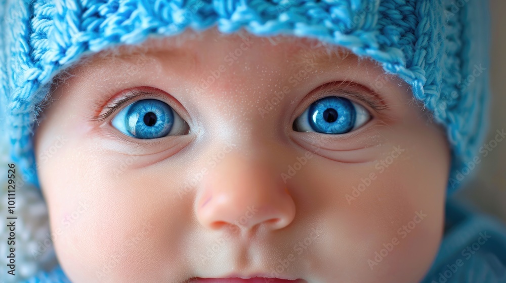 Baby Eyes. Newborn Baby Girl with Bright Blue Big Eyes. Little Baby in Knitted Hat on Plain Background. Postcard Design Baby Eyes. Newborn Baby Girl with Bright Blue Big Eyes. Little Baby in Knitted Hat on Plain Background. Postcard Design
