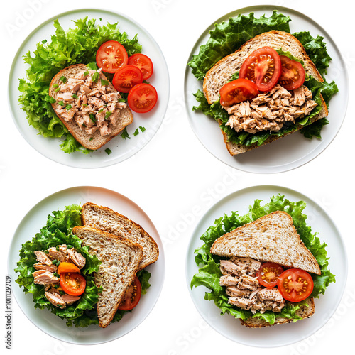 Tuna sandwich with fresh lettuce, tomato slices, and whole grain bread served on a white plate, ideal for a healthy lunch option, top view in white background, PNG, No background.