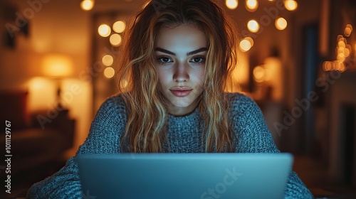 close up of university student is writing her thesis on laptop at night sitting at home at table focusing on her research preparing for final exam studying