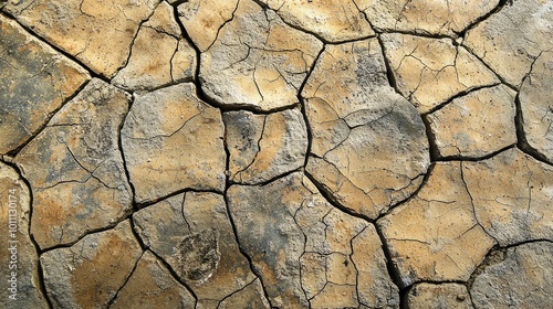 A close-up view of dry, cracked earth, presenting an intricate pattern of textures in warm tones, symbolizing drought and nature's resilience.