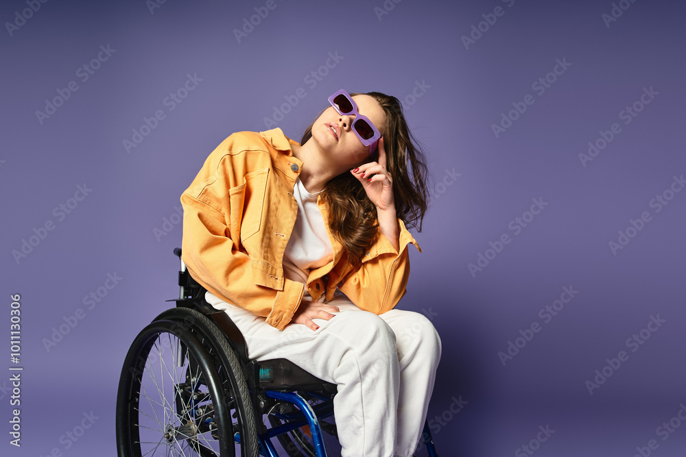 A young woman with long brown hair, wearing trendy casual clothing, sits in a wheelchair against a purple background. A young woman with long brown hair, wearing trendy casual clothing, sits in a wheelchair against a purple background.