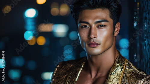 Handsome Man in a Gold Jacket Posing Against City Lights photo