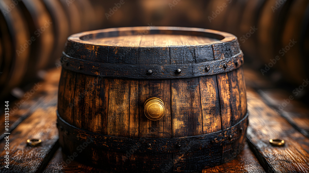 Close-up of an old wooden barrel, presented in a photorealistic hyperrealistic style that emphasizes the intricate details of the wood grain and weathered surface. This image captures the essence of r Close-up of an old wooden barrel, presented in a photorealistic hyperrealistic style that emphasizes the intricate details of the wood grain and weathered surface. This image captures the essence of r