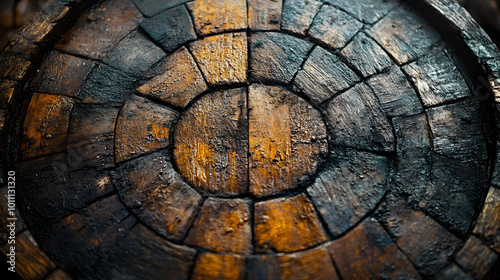 Close-up of an old wooden barrel, presented in a photorealistic hyperrealistic style that emphasizes the intricate details of the wood grain and weathered surface. This image captures the essence of r