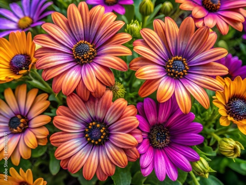 Vibrant African daisies showcase breathtaking purple and orange hues, creating a stunning floral backdrop that