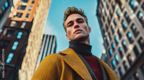 Stylish Man in a Yellow Coat Looking Up in the City