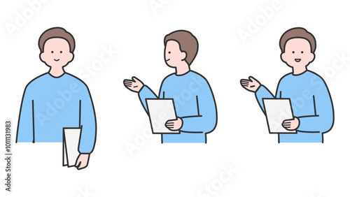 書類を持ち、横を向いてプレゼンテーションする男性