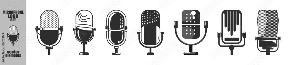 Different microphone collection. Set of isolated microphone icon on transparent background. Design element for poster, banner, logo, label, sign, t shirt Different microphone collection. Set of isolated microphone icon on transparent background. Design element for poster, banner, logo, label, sign, t shirt
