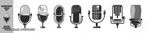 Different microphone collection. Set of isolated microphone icon on transparent background. Design element for poster, banner, logo, label, sign, t shirt