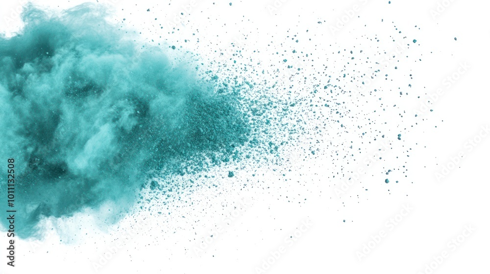 A cloud of teal powder dispersing against a white background, creating an artistic effect. A cloud of teal powder dispersing against a white background, creating an artistic effect.