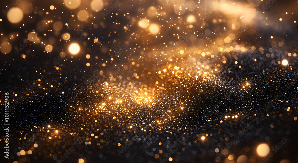 A black background adorned with golden glitter and sparkling stars, creating a mesmerizing and festive atmosphere that evokes feelings of celebration and luxury. This image is perfect for use in event