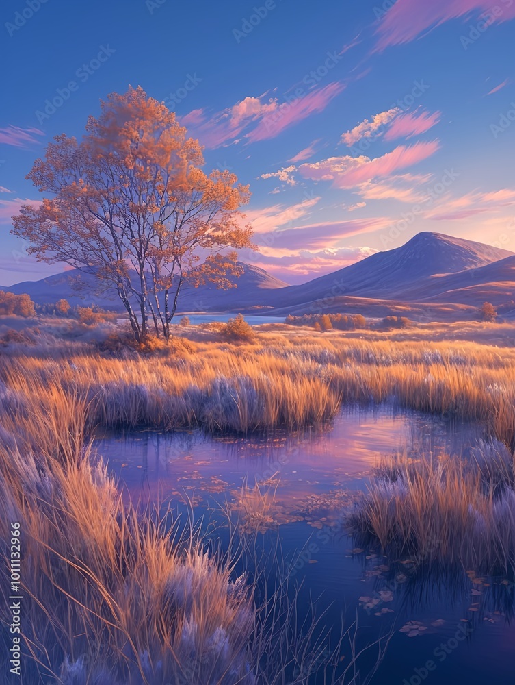 Fototapeta premium Autumn in the Cairngorms features a serene lake surrounded by vibrant colors.