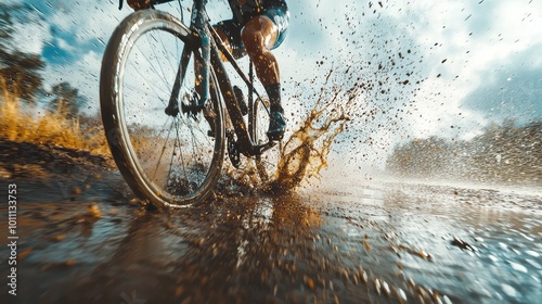 A cyclist splashes through a muddy puddle, showcasing the thrill of biking in nature on a sunny day. photo