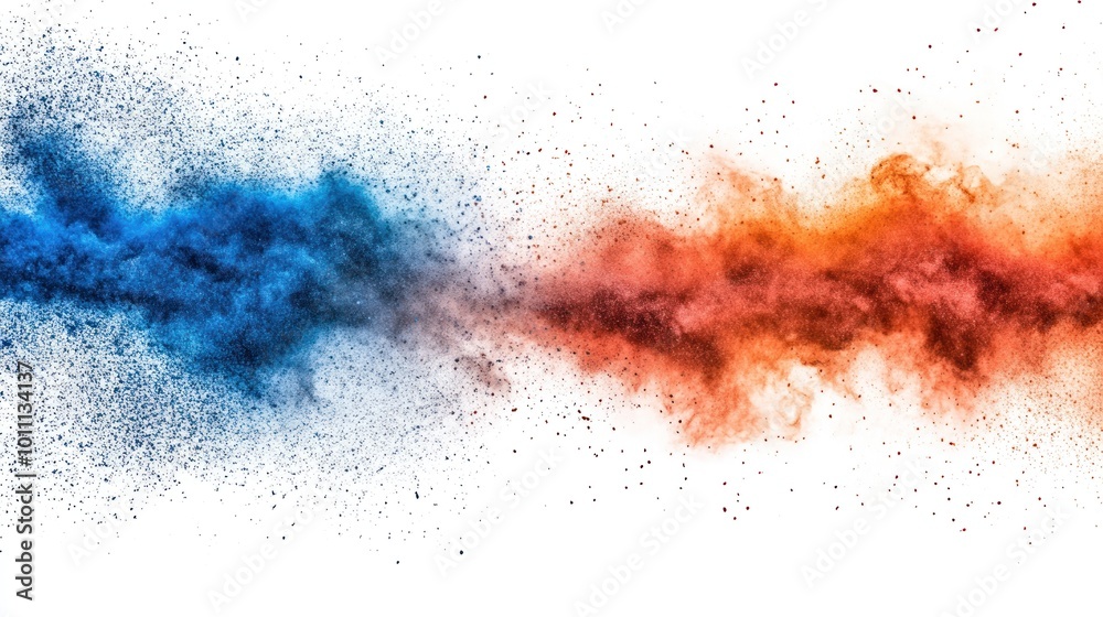 Obraz premium A vibrant explosion of colored powder, blending blue and orange hues in a dynamic pattern.