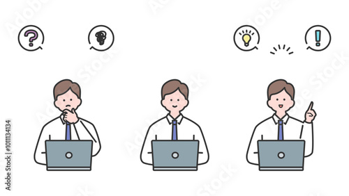 ノートパソコンに向かうスーツ姿の男性の表情バリエーション