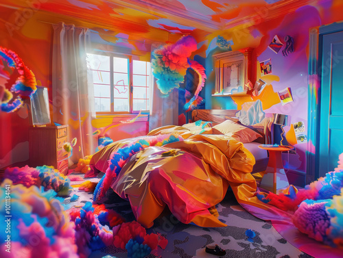 A vivid dream sequence where everyday objects are exaggerated in color and size, representing the intensity of vivid dreams. photo