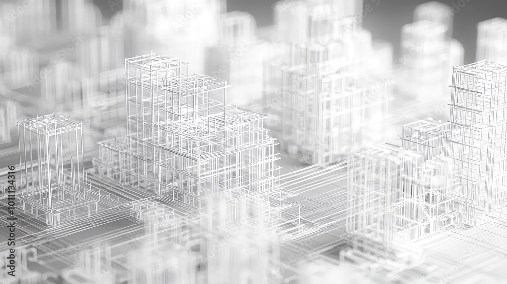 A detailed view of a 3D wireframe cityscape, showcasing intricate designs of modern architecture and urban planning. A detailed view of a 3D wireframe cityscape, showcasing intricate designs of modern architecture and urban planning.