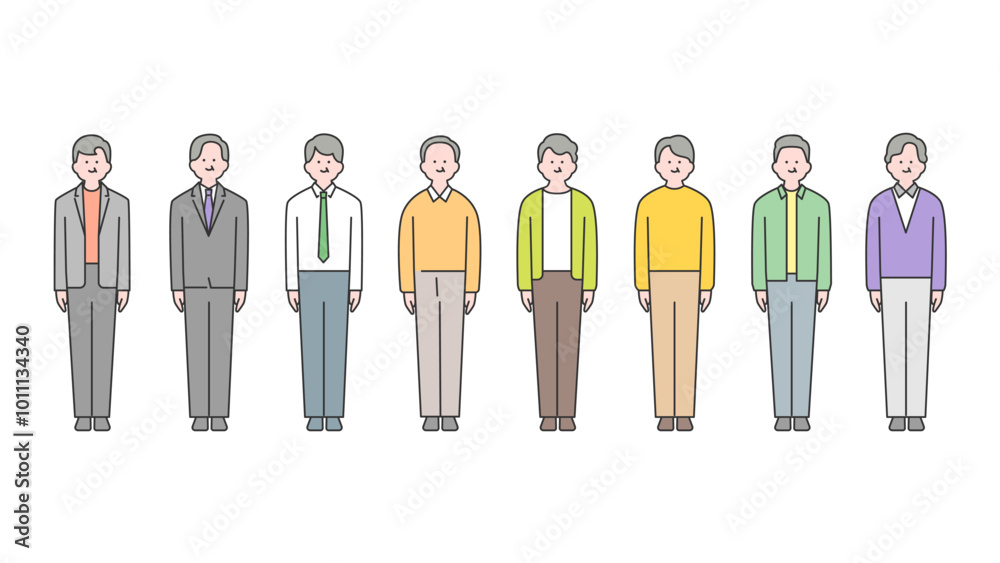 年配男性の全身アバターイラスト素材セット