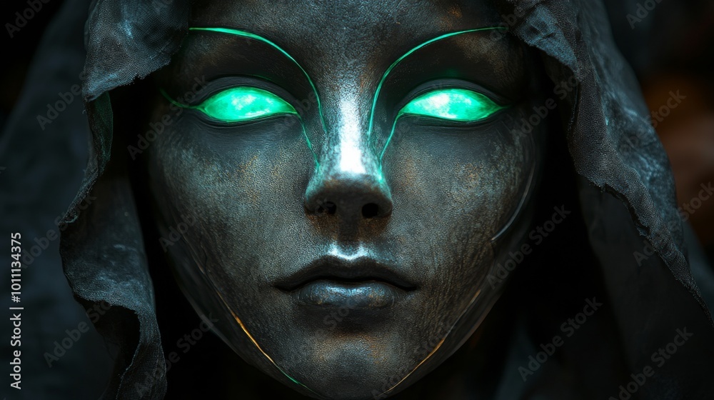 Mysterious figure wearing a hood with glowing green eyes Mysterious figure wearing a hood with glowing green eyes